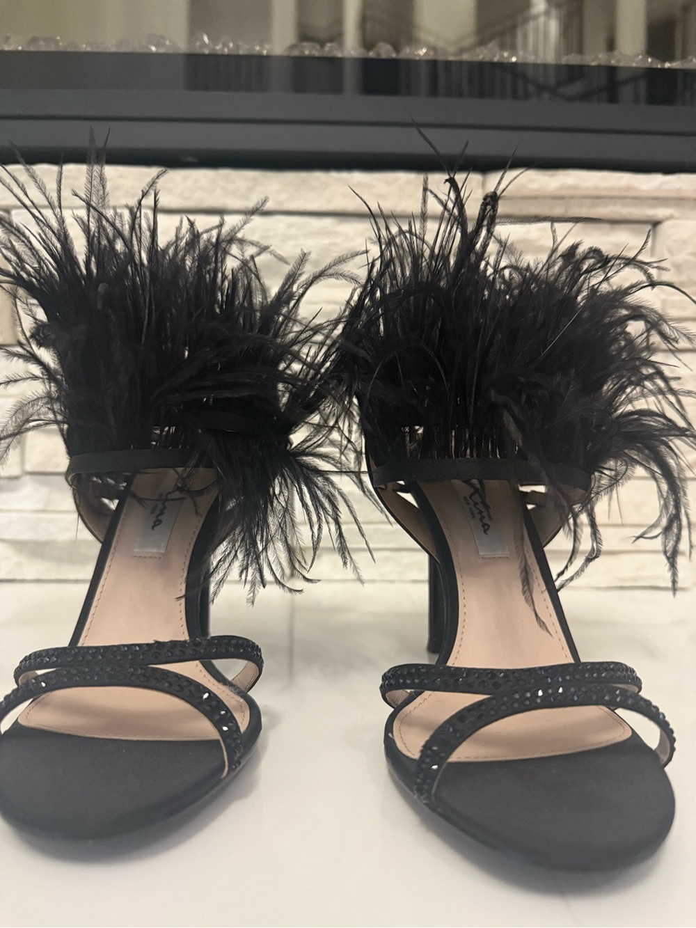 Nina Black Feather & Crystal Strap Open-Toe Heels